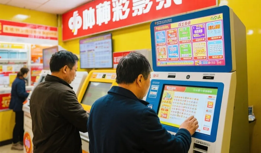 彩票销售网点内，市民在自助终端前操作，屏幕显示多种彩票类型
